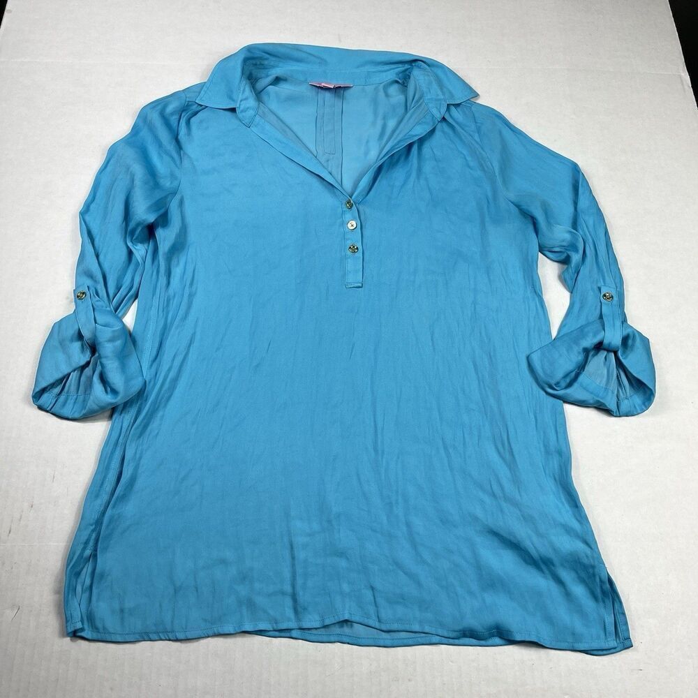Lilly Pulitzer Womens Blue Long Sleeve Tunic Top Size Small Roll Tab Pullover